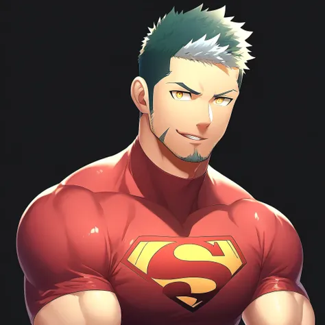 anime characters：Guy, priapus, 1 young muscular man, male focus, Sporty black headband, Burgundy Turtle Neck Skinny Superman T-Shirt, Shiny snakeskin textured T-shirt, Shining highlights, superman logo, muscular male, muscular, only, Upper body, alone, whi...