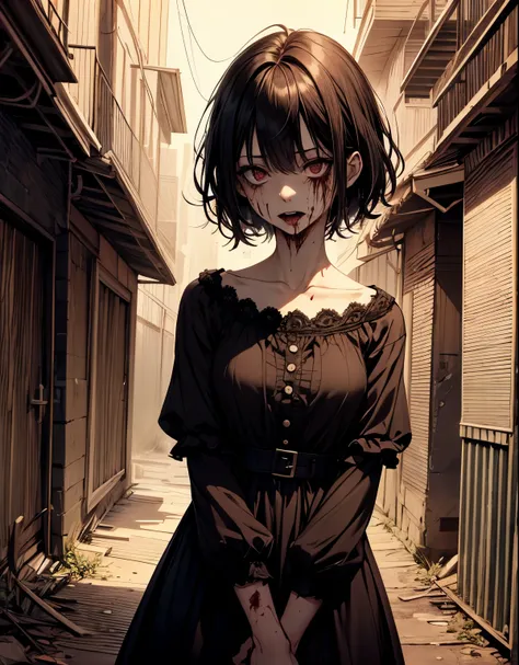 ((masterpiece,best quality)), highres, extremely detailed 8K wallpaper, depth_of_field, abandoned alley, night, ghost of an adult woman, 40 years old, dress, horror, scary, she is covered in blood, pale skin, short hair, empty eyes, evil,