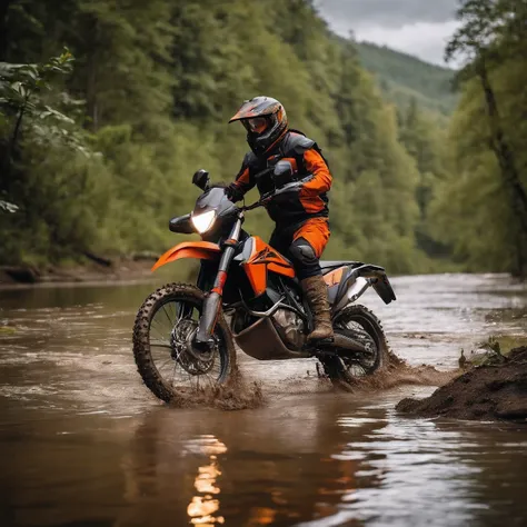 A motocross rider is riding a KTM 990 adventure motorcycle on very muddy terrain. ele&#39;is wearing hiking equipment, an orange helmet and purple MX goggles. No fundo, a river with clear water and dense forest