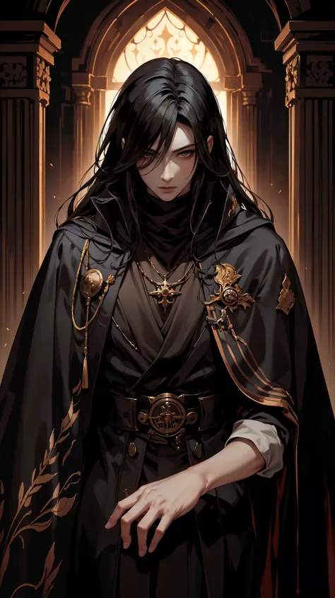 (8K Masterpiece.High Quality.Digital Art.Beautiful and Aesthetic anime style.Perfect compositions and excellent perspective.OIL PAINTING.CLOSE details face Portrait !)Portrait .Long straight black haired ,1 male.Pale skin,dark eyes,in an old fashioned blac...