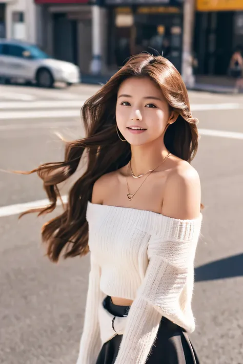 1 girl, 19 years old, alone, long hair, small tit, looking at the viewer, long light brown hair waving in the wind, bare shoulders, full body, necklace, off shoulder, white sweater, Black mini flared skirt、realistic, Balanced model style、sexy, office Stree...