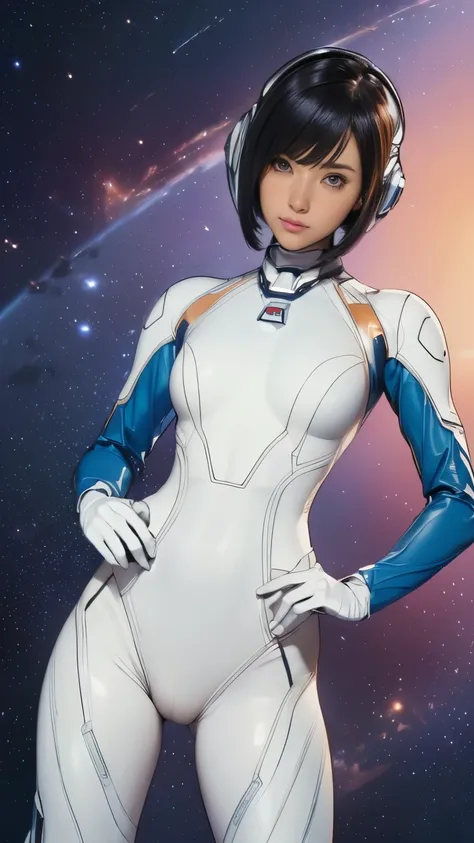 (masterpiece、highest quality、highest resolution、clear_image、Detailed details): (full body figure、15 year old girl、Japanese face、small face、thin、navy blue super short bob cut hair、blue colored eyes、((navy long sleeve space suit、space helmet))、headset、cosmic...