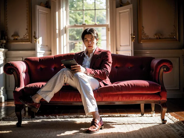 Realistic photography, handsome man ,sitting on the sofa,living room