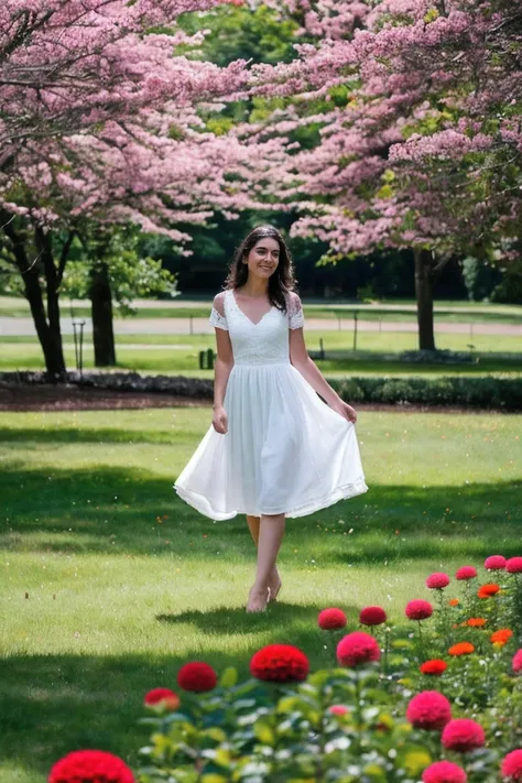 Realistic photography, beautiful woman, A park full of flowers