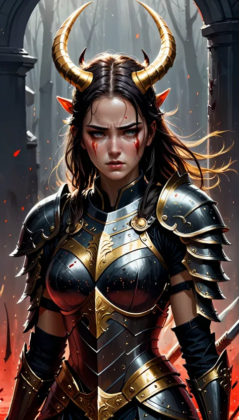 armand guillemann style, character concept design, half painting, depicts a female warrior with a golden head and horns, wearing...