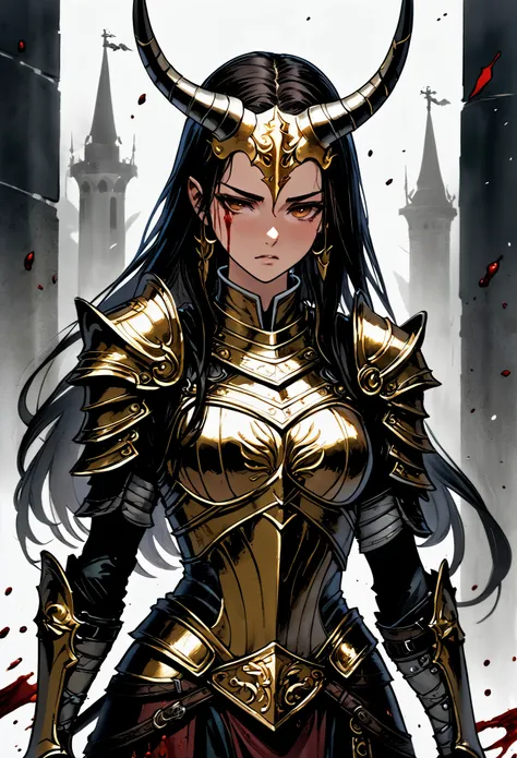 armand guillemann style, character concept design, half painting, depicts a female warrior with a golden head and horns, wearing...