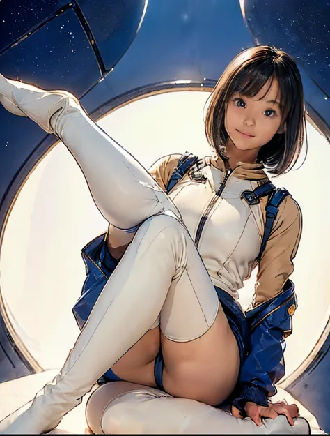 (masterpiece、best quality、Highest resolution、Clear_image、detailed details): (full body picture、15 year old girl、Japanese face、small face、thin、Navy blue super short bob、blue eyes、Blue and Black Shiny Aviator Suit、Armor that protects the chest、tight clothes、...