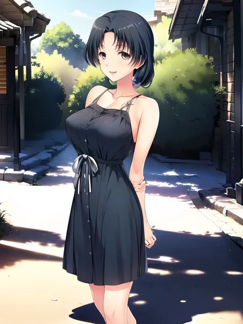 full body image, black dress, smiling