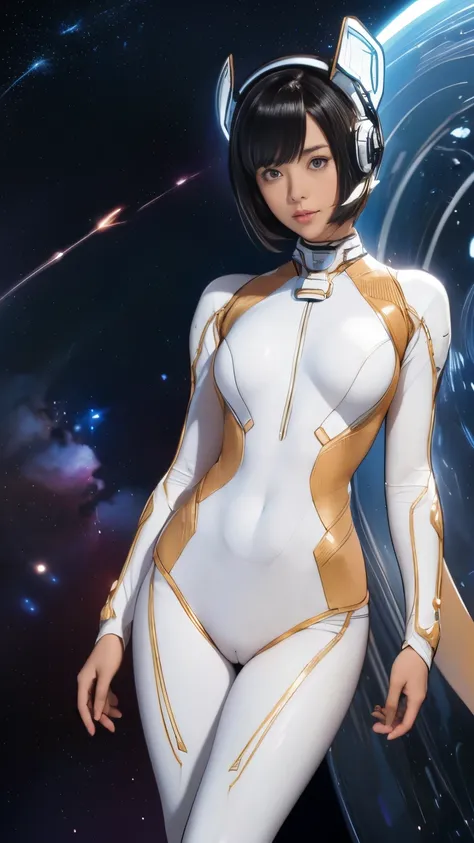 (masterpiece、highest quality、highest resolution、clear_image、Detailed details): (full body figure、15 year old girl、Japanese face、small face、thin、navy blue super short bob cut hair、blue colored eyes、((navy long sleeve space suit、space helmet))、headset、cosmic...