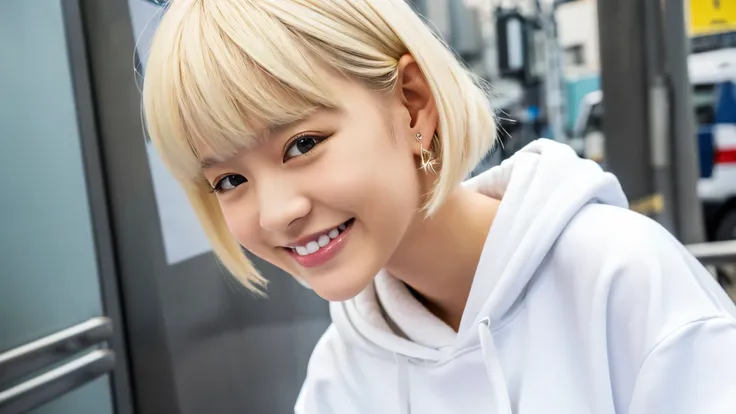 1girl, taiwanese, height 151cm, slender, white blonde hair, bob cut, innocent smile, industrial piercing earring, white dumb hoodie, white denim shorts, White thick-soled boots, full-length photograph.