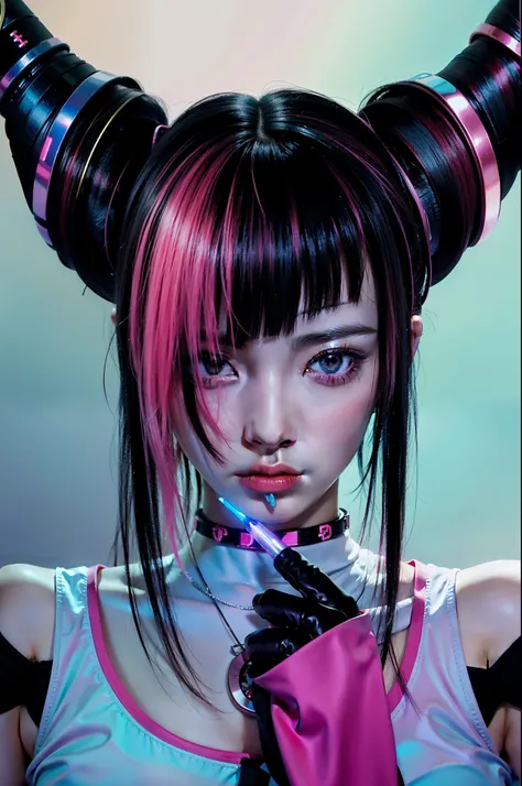 anime girl with horns and a pink shirt with a black tie, juri han from Street Fighter, anime cyberpunk art, rossdraws cartoon vibrant, cyberpunk art style, digital cyberpunk anime art, cyberpunk anime girl, cyberpunk anime art, artstyle : ilya kuvshinov, j...