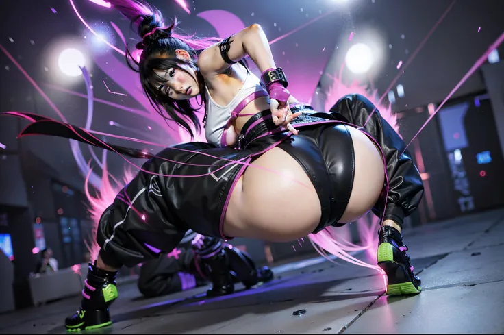 anime character in a black and white outfit with a purple light, juri han from street fighter, badass pose, fight pose, aggressive pose, most strongest pose, kda, akali, fighting pose, fighting game character, akali from league of legends, cutesexyrobutts,...