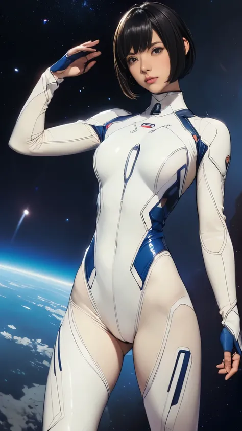 (masterpiece、highest quality、highest resolution、clear_image、Detailed details): (full body figure、15 year old girl、Japanese face、small face、thin、navy blue super short bob cut hair、blue colored eyes、((navy long sleeve space suit、space helmet))、headset、cosmic...