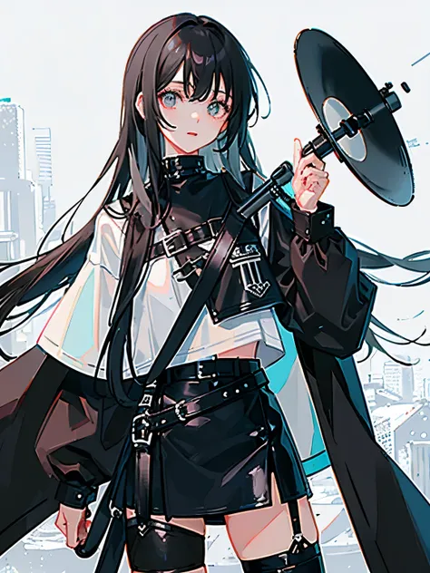 ((Masterpiece)), ((Best Quality)), ((Best Quality)), solo, female, Long black and white hair, gray eyes, holding a megaphone, long sleeves black leather shirt, black short, leather garter belt, punk.