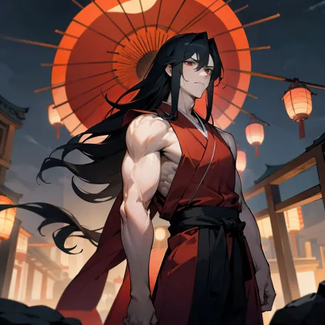 1male, adult, pale skin, finely detailed red eyes, long wild hair, ombré black hair color, sleeveless haori, standing in shrine, somber expression, muscular, muscular build, somber expression, dark circles under eyes, night, lanterns 