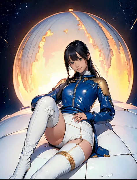 (masterpiece、best quality、Highest resolution、Clear_image、detailed details): (full body picture、15 year old girl、Japanese face、small face、thin、Navy blue super short bob、blue eyes、Blue and Black Shiny Aviator Suit、Armor that protects the chest、tight clothes、...