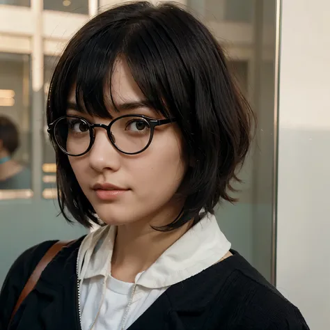 Black-haired female high school student, round frame glasses, splayed bangs, medium and short hair, single eyelids