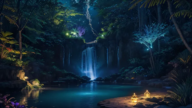 Design an image that captures a breathtaking waterfall cascading into a luminescent pool within a bioluminescent night forest, similar to scenes from the movie. The water glows with phosphorescent light, mirroring the vibrant hues of the surrounding flora....