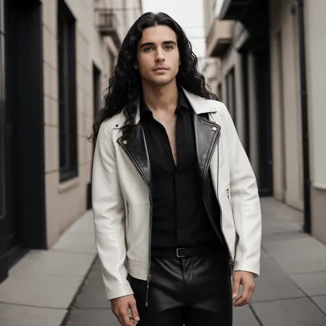 Photo of a man at home, casual, wearing preto-pants and a preto-cabelo (black curly hair), standing outside in the clear air, longo-cabelo (long hair) flowing in the wind, wearing a couro-jaqueta (leather jacket) for additional warmth, ultra-detailed, cine...