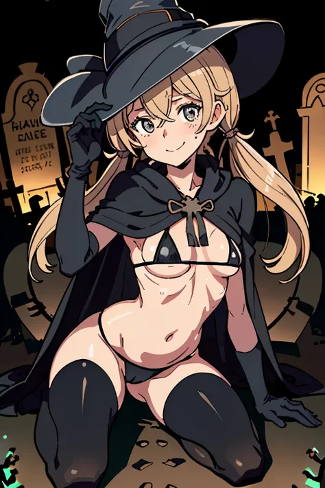 best quality, masterpiece, 1 girl, (silhouette lighting:1.3), smile, (wariza:1.4), prinz eugen, ultra detailed face, ash blonde low twintails hair with bangs, hourglass figure, oily skin, black big witch hat, black bikini, cloak and glove, (small breast, u...