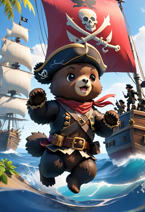 Full body Esbian、Cool black bear、Pop black bear、diorama、simple background、background white、pirate、pirateの帽子、masterpiece, highest quality, Capture the cutest moments, Depth of written boundary, Super detailed, ultra high resolution, octadale, 8K, 16km race