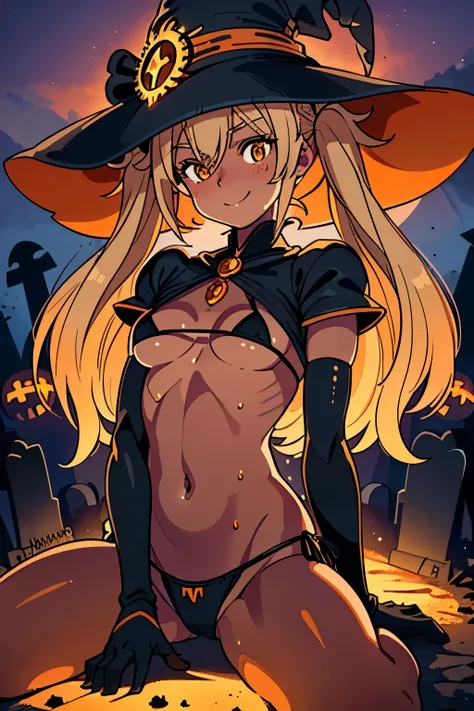 best quality, masterpiece, 1 girl, (silhouette lighting:1.2), smile, (wariza:1.4), ultra detailed face, ash blonde low twintails hair with bangs, hourglass figure, oily skin, orange big witch hat, orange bikini, orange cloak and glove, (small breast, under...