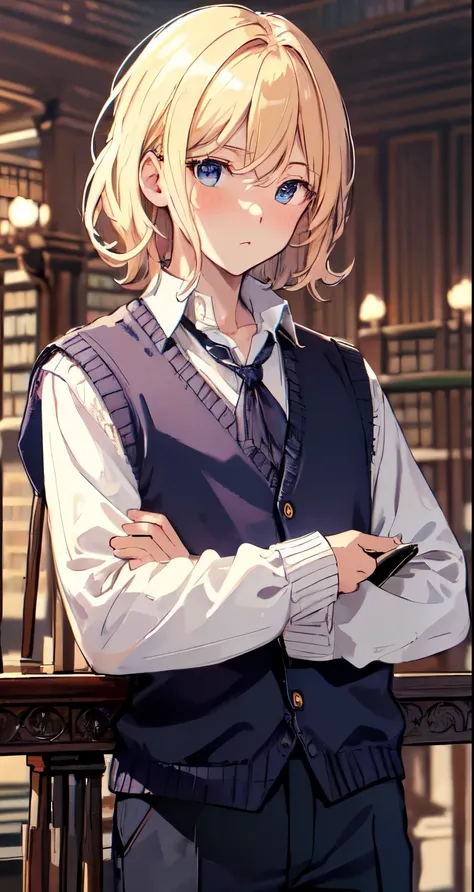 masterpiece, (((highest quality)))), ((super detailed)), ((illustration)),
(((library))), blond_hair, (medium_hair), fluffy hair, dark_blue_eyes, clavicle, indigo sweater vest, nervous, [blush], looking_at_viewer,
(white_collared_shirt, long_sleeves, 1), b...