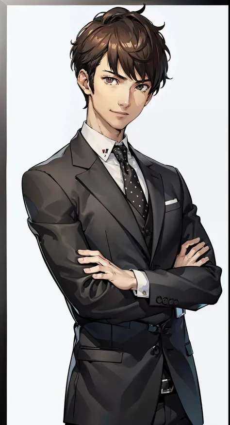 (masterpiece, highest quality:1.2),Good physique、Anime character standing in a black suit,(((white shirt)))、 ((masterpiece, highest quality)) 1 boy、(short hair、brown hair,undercut)、(smile)