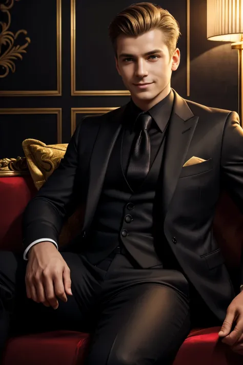 (tmasterpiece, high resolution, ultra - detailed:1.0), (1boy, Young male), Perfect male body, Eyes look at the camera, Extremely detailed CG, Unity 8k wallpaper, Complicated details, solo person, Detailed face, (with short golden hair, Black suit, Black sh...