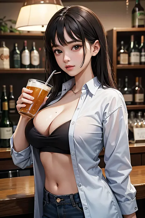 Alphafie woman in gray shirt holding glass of beer, With drink, Have a beer, drinking beer, Have a beerいる!!, drinking beer, Have a beerいる, cleavage, Big breasts, at the bar, at the pub, have a drink, at the pub, barrel chest, (software) safe for work, sexy...