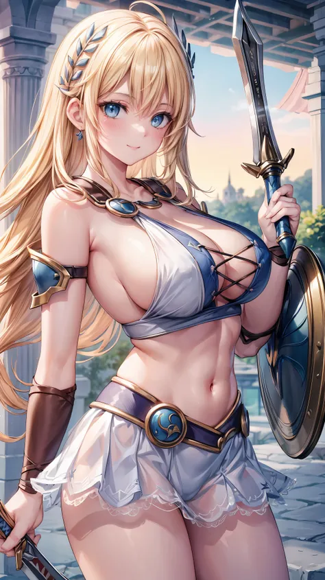 sensual, long blonde hair, thick thighs, 8K, 4k, highest quality, (High resolution:1.6), cute anime face, noise reduction, (shining blue eyes, gentle smile:1.3, kind eyes:1.3)、toned abdominal muscles, muscular arms, muscular legs,  young face, anime eyes, ...