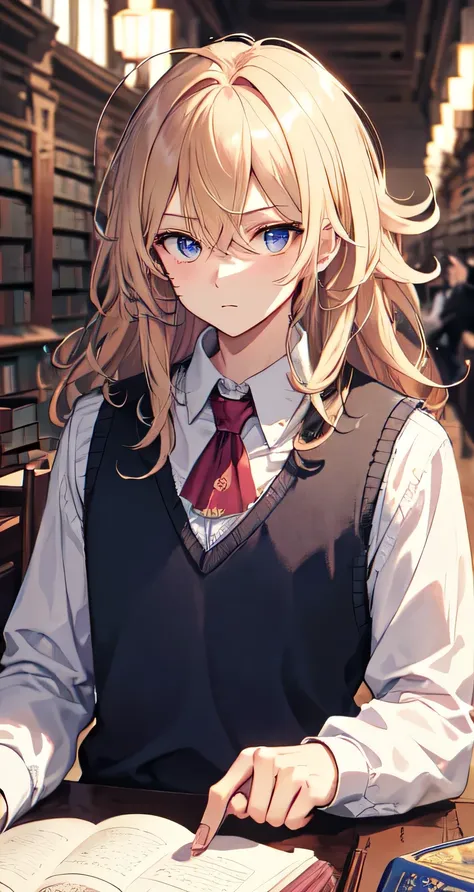 masterpiece, (((highest quality)))), ((super detailed)), ((illustration)),
(((library))), (((1male))), blond_hair, ((shoulder-length_hair)), fluffy hair, (((messy_hair))), dark_blue_eyes, clavicle, indigo sweater vest, nervous, [blush], looking_at_viewer, ...