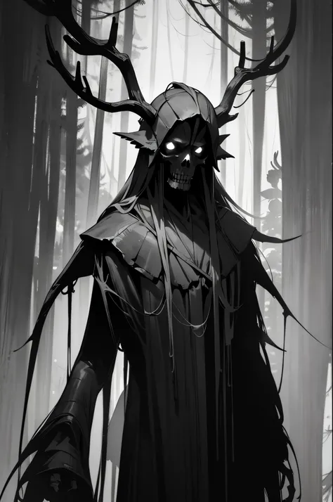 (leshy:1.5), (dark forest), tall trees, grayscale, ((horror)), ((masterpiece)), creepy, (shadowy figure), bipedal, (realistic), (monster), deity, (antlers), (deer skull)

