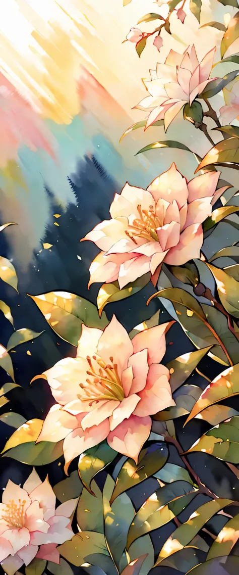 (8k, original photo, 最high quality, masterpiece:1.2), (watercolor), flowers flying, ((fair, camellia)), ((extreme background bok...