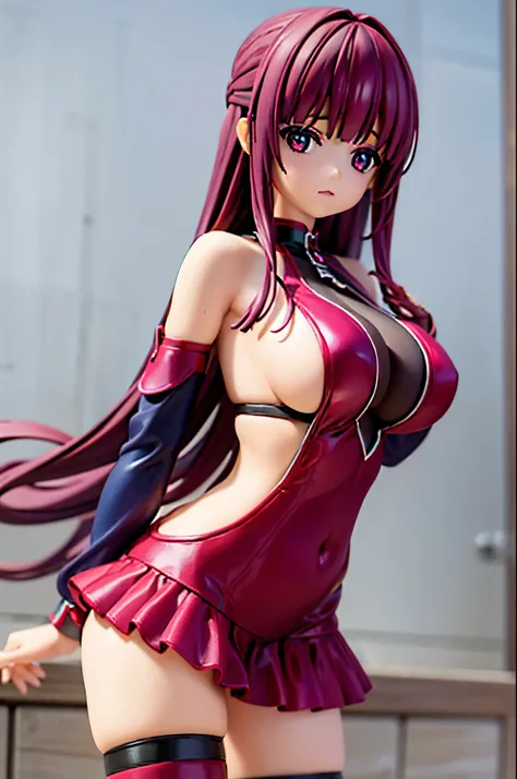 figura de pvc de una chica anime de pelo largo y morado , ojos morados y grandes , angelic face and tender 15 year old girl, resolucion ultra hd 8k, rostro bien detallado ,cuerpo bien formado grandes pechos, y gran trasero , esta sentada en la acera en tan...