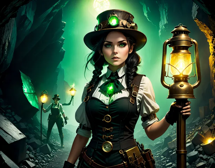 (gothic steampunk:1.2), character concept art, broken, depicting a miner girl with a miners hat, carrying a gas lamp emitting a flickering deep green light, illuminating a vast mining background revealing gold mines, holding a mining pickaxe. (best quality...