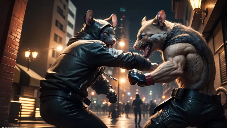 good quality, ultra high resolution，masterpiece, 8K，（reality，detail，close up）night，Two robbers with rat heads，mutual，fight，Punching and kicking scene