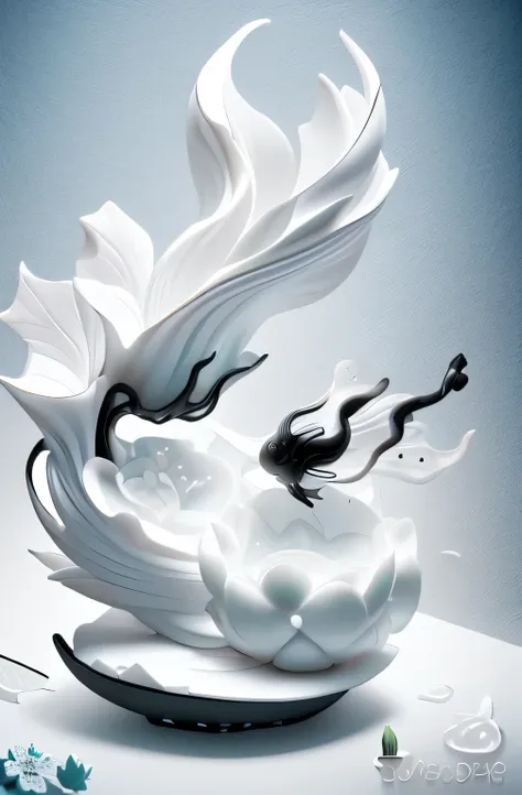 there is a black flower on the shelf，there are white carps on it(1:3), energetic, organic and elegant form, abstract sculpture, ...