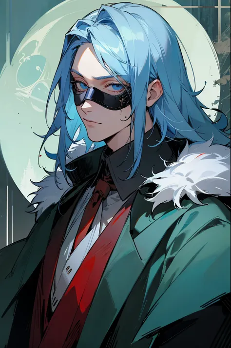 dottore, 1boy, eye mask, light blue hair, fur-trimmed coat, male focus, blood on clothes, blood, solo, detailed face, looking at viewer, potrait, upper body, dark, night, moon, forest, (masterpiece:1.2, best quality)
