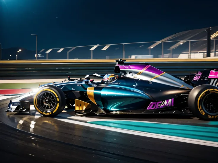 best quality, 8k, Formula One race, dead heat, tail to nose, Formula One car with a body made of stained glass-like image made of finely crushed shining metals plated AND shining colorful gems, motion-blur, action-lines, speed-lines, wind, wind-effect