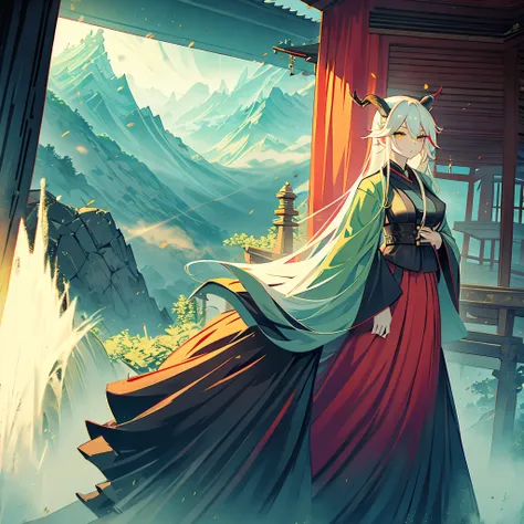 A woman wearing a green samurai kimono with red details, long skirt, horns, long white hair, yellow eyes, on a mountain with fog.
