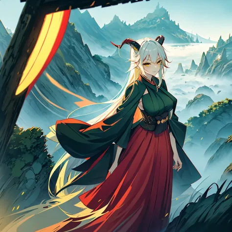 A woman wearing a green samurai kimono with red details, long skirt, horns, long white hair, yellow eyes, on a mountain with fog.
