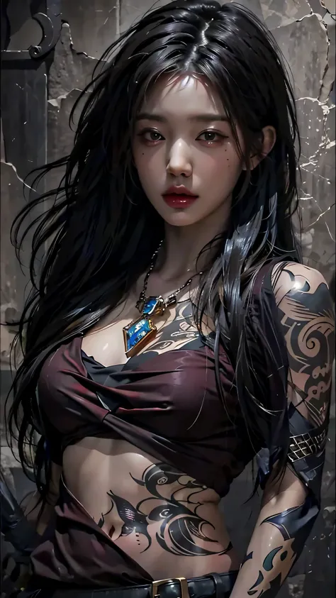 photorealistic, high resolution, soft light,1women, solo, hips up, (detailed face), jewelry, tattoo,black mafia clothing, black hair, super long hair, looking viewers, tatto, messy hair, close up, small breast, adult, holding sword