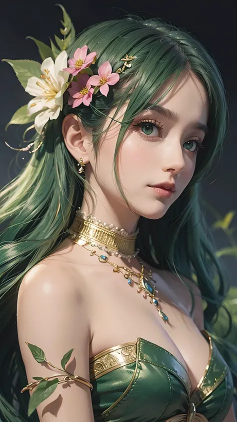 a green hair、woman with flowers in hair, Stunning fairy rendering, Beautiful fantasy art portrait, Beautiful fantasy portrait, beautiful elegant dryad, Very beautiful and wonderful art