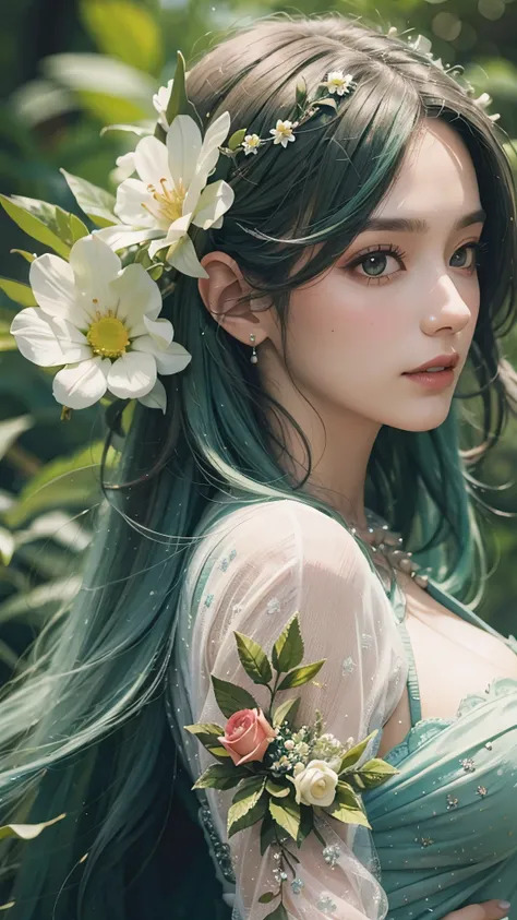 a green hair、woman with flowers in hair, Stunning fairy rendering, Beautiful fantasy art portrait, Beautiful fantasy portrait, beautiful elegant dryad, Very beautiful and wonderful art，broken to pieces，best quality, (original photo: 1.2), (masterpiece: 1.4...