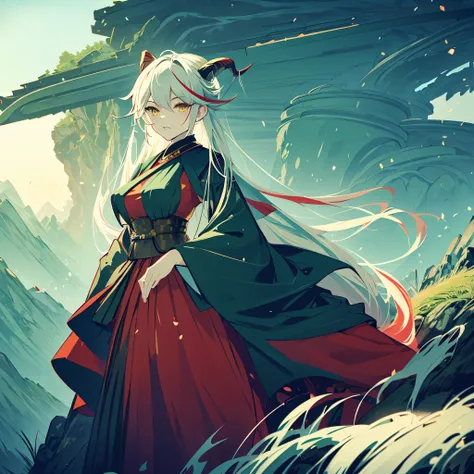 A woman wearing a green samurai kimono with red details, long skirt, horns, long white hair, yellow eyes, on a mountain with fog.
