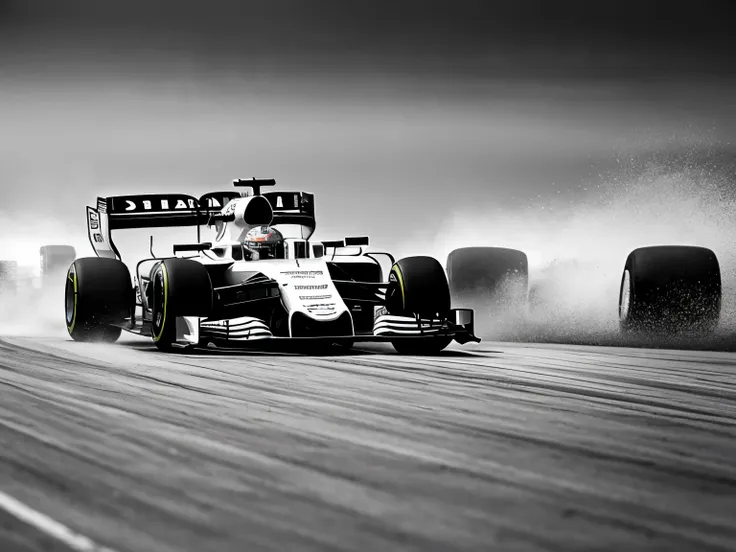 pencil drawing art, monochrome, best quality, 8k, Formula One race, dead heat, tail to nose, side by side, motion-blur, action-lines, speed-lines, wind, wind-effect