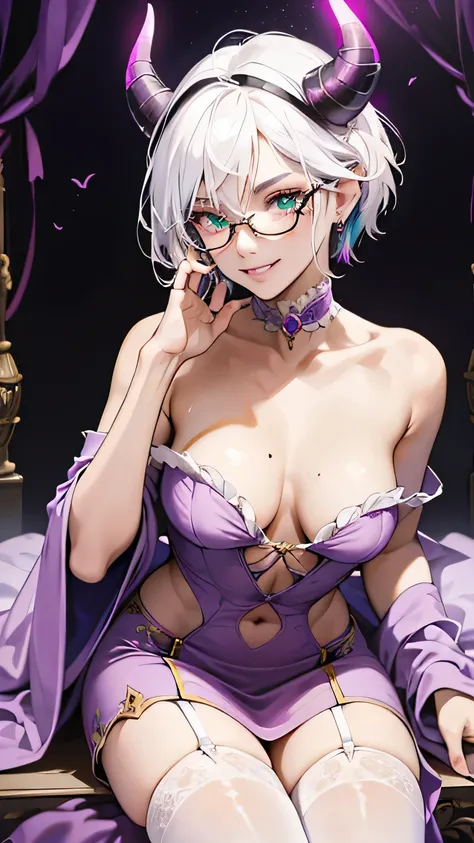 8k, masterpiece, best quality, highly detailed, 1girl, tiefling, warlock, multicolored hair, white hair, short hair, strippled hair, round glasses, earrings, mole, glowing green eyes, sexy, pink and blue robe, miniskirt, garter belt, high heels, navel pier...