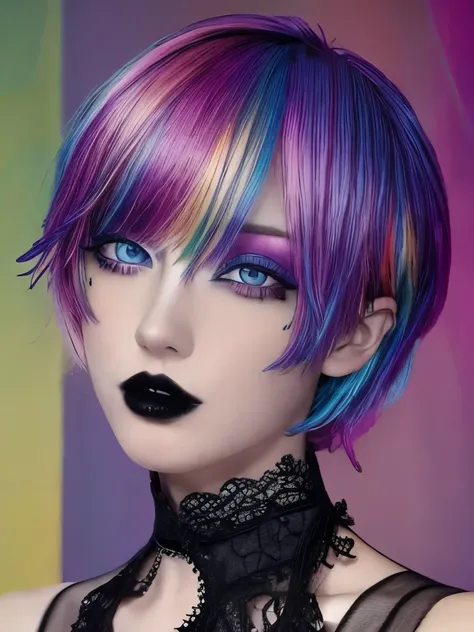 1girl, solo, goth ,short messy hair with long sides, short hair, eyeshadow, mascara, color: spectrum, vivid colors, rainbow hair , bright rainbow hair, perfect eyes, detailed eyes, medium breasts, indoors  , highly detailed portrait, cute, full body shot