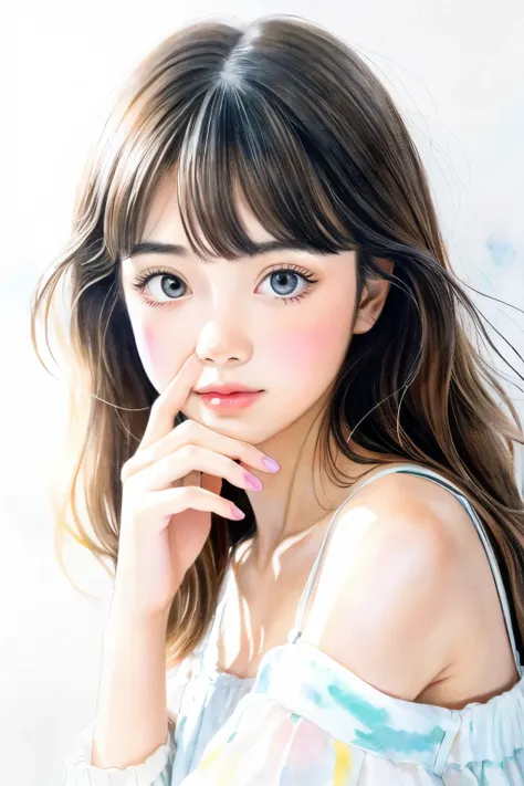 Illustration of a girl,alone,beautiful face,Upper body,With bangs, Watercolor paints, pencil sketch,big eyes,cute round face,peace with both hands